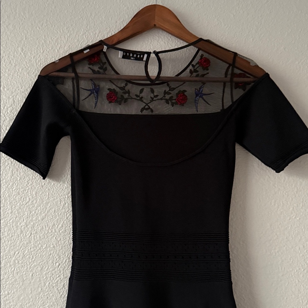 Sandro Rose and Bird Embroidery Paneled Knit Black Mesh Mini Fit Flare Dress 1 - Picture 12 of 14